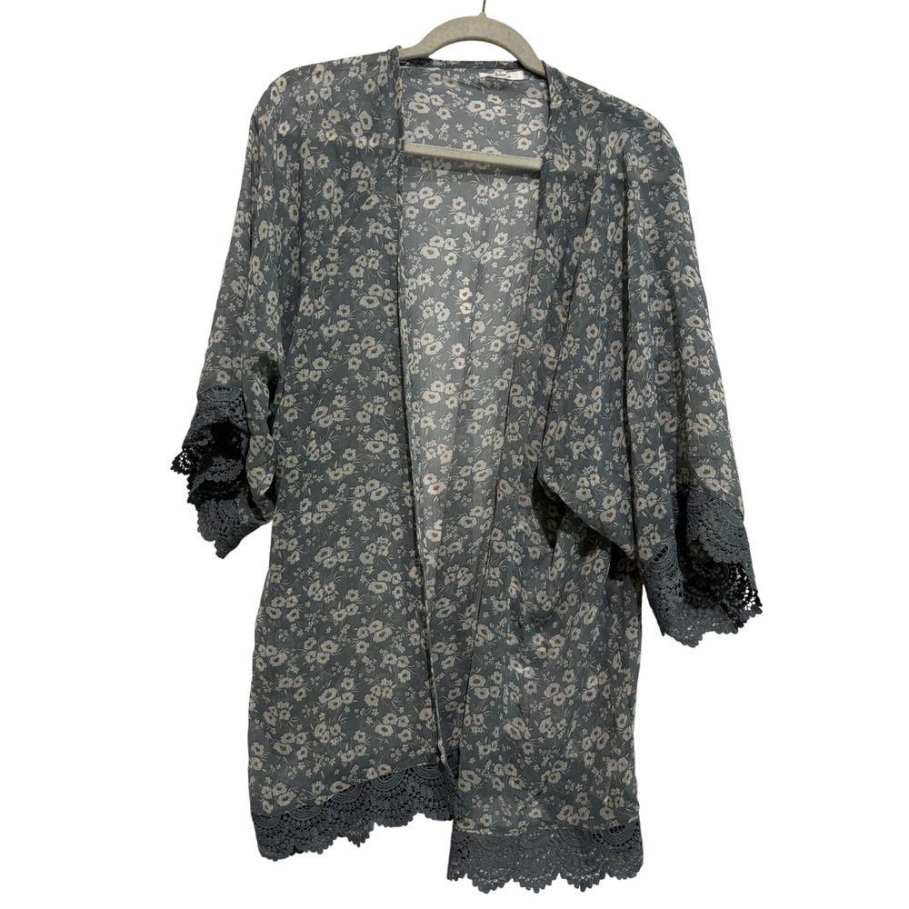 Boho Floral Kimono Cardigan sz L Blue Gray Crochet Lace Trim Open Front Boho‎